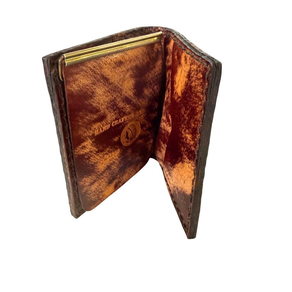 Hand Tooled Leather Wallet Brown Crafted 4"x3" Unique Gift - Picture 3 of 7